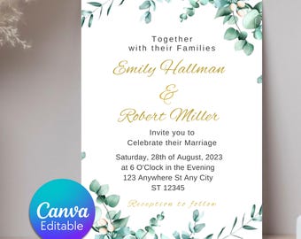 Editable Eucalyptus Wedding Invitations, Sage Greenery Wedding Invitation Template, Eucalyptus & Gold, Wedding Invitations
