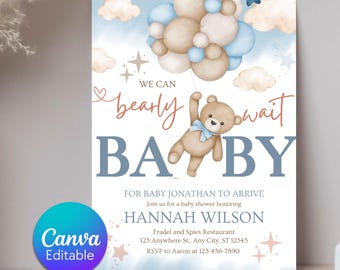 Brown Bear Balloon Baby Shower Invitation, We Can Bearly Wait Baby Shower Invite, Blue Boy Boho Bear Baby Shower, Canva Instant Download
