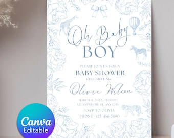 Toile de jouy babyshower uitnodiging, stoffige blauwe teddybeer thema bloemen babyshower uitnodiging, jongen bewerkbare babyshower uitnodiging