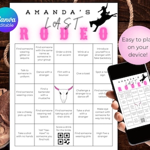 Puede incluir: Un tablero de juego imprimible titulado "Amanda's Last Rodeo" con un tema rosa y negro. El tablero incluye varios desafíos y actividades. Un smartphone muestra el juego, con el texto "Easy to play on your device!"