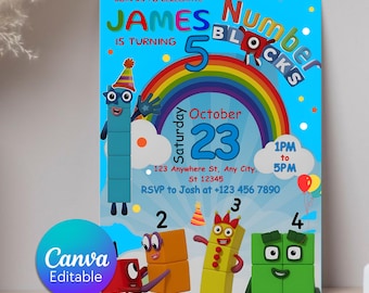 Invitation d'anniversaire Numberblocks, invitation de fête modifiable, invitation de fête d'anniversaire Numberblocks, apprendre les nombres premier deuxième parti