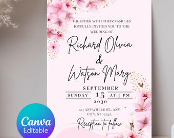 Kirschblüten-Hochzeitseinladung, druckbare Hochzeitseinladung Blumen, bearbeitbare Frühlingshochzeitseinladung, Canva Sofort-Download