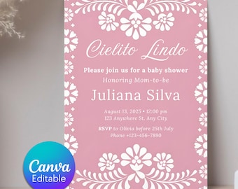 Editable Cielito Lindo Girl Baby Shower Invitation, Mexican Baby Shower Invite, Papel Picado Invite, Dusty Rose Talavera, Baby Shower invite