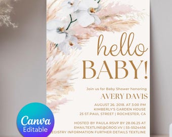 Mädchen Rosa Pampas-Babyparty-Einladung, Gras Boho Mädchen-Baby-Dusche-Einladung, Blush Blumenmädchen-Dusche einladen, Canva Sofort-Download