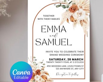 Boho Pampas Hochzeitseinladung, druckbarer Bogen Hochzeitseinladung Vorlage, Terrakotta, Rost, bearbeitbare Einladung, Canva Sofort Download