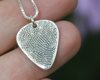 Fingerprint Necklace for Men, Silver Guitar Pick Necklace, Musician Gifts, Guitar Player Gift, Thumbprint Jewelry, Trending Jewelry, Grief