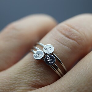 Stacking Initial Ring, Engraved Initial Ring, Stacking Mom Ring, Silver Name Ring Stackable, Name Ring for Mum, Brag Tag, Stackabe Rings Set image 6