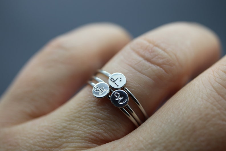 Stacking Initial Ring, Engraved Initial Ring, Stacking Mom Ring, Silver Name Ring Stackable, Name Ring for Mum, Brag Tag, Stackabe Rings Set image 6