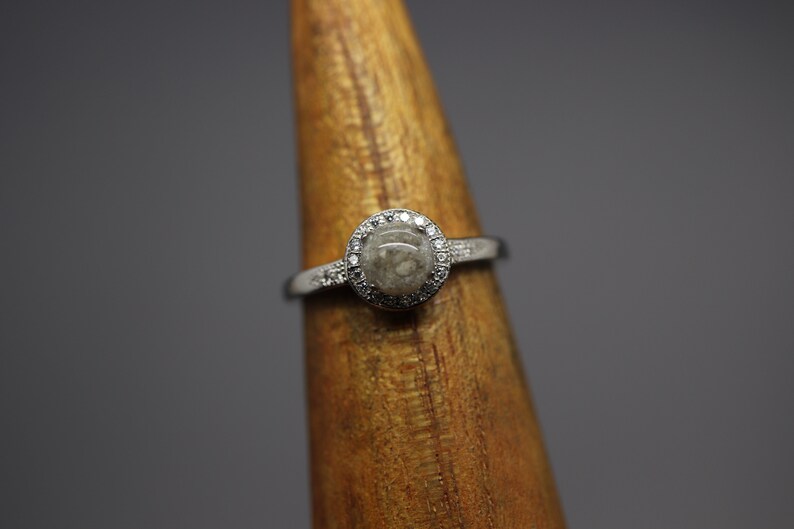 May include: A silver ring featuring a round, grey stone set in a halo of small diamonds.
