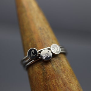 Stacking Initial Ring, Engraved Initial Ring, Stacking Mom Ring, Silver Name Ring Stackable, Name Ring for Mum, Brag Tag, Stackabe Rings Set image 8