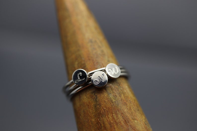 Stacking Initial Ring, Engraved Initial Ring, Stacking Mom Ring, Silver Name Ring Stackable, Name Ring for Mum, Brag Tag, Stackabe Rings Set image 8