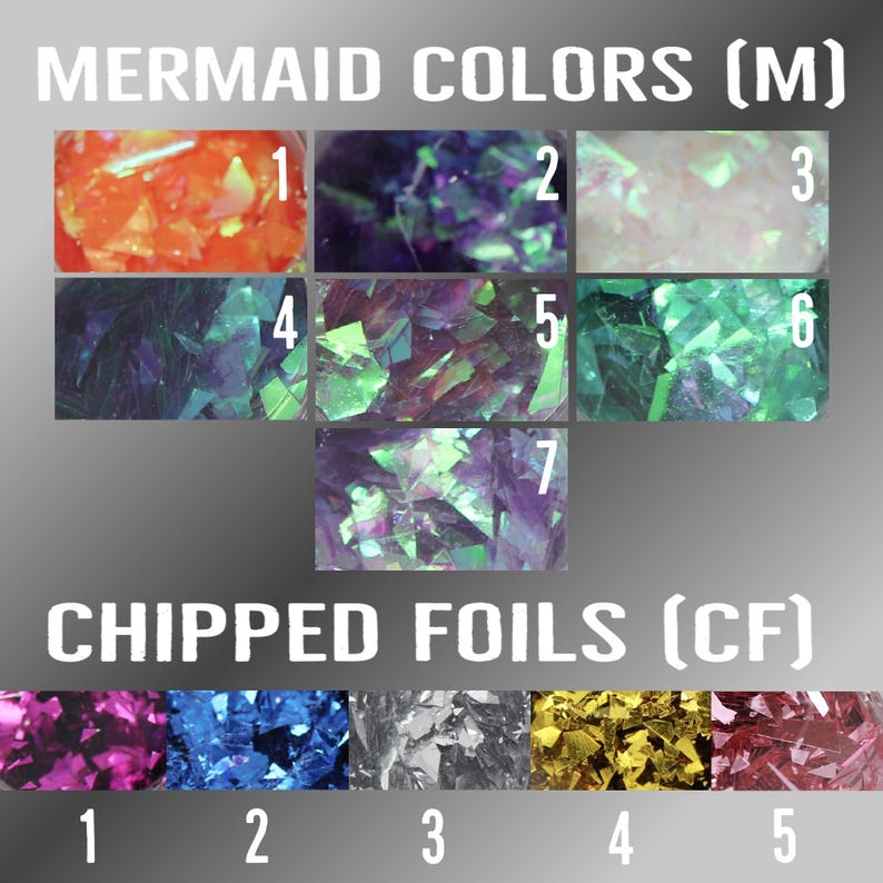 The image is a collage of nine images, each depicting a different color of chipped foils (CF) in various shades of purple, green, blue, and pink. The images are arranged in a grid format, with each row representing a different color and the columns representing the individual images. The text "MERMAID COLORS (M)" and "CHIPPED FOILS (CF)" is displayed above the images, indicating the subject matter of the collage.