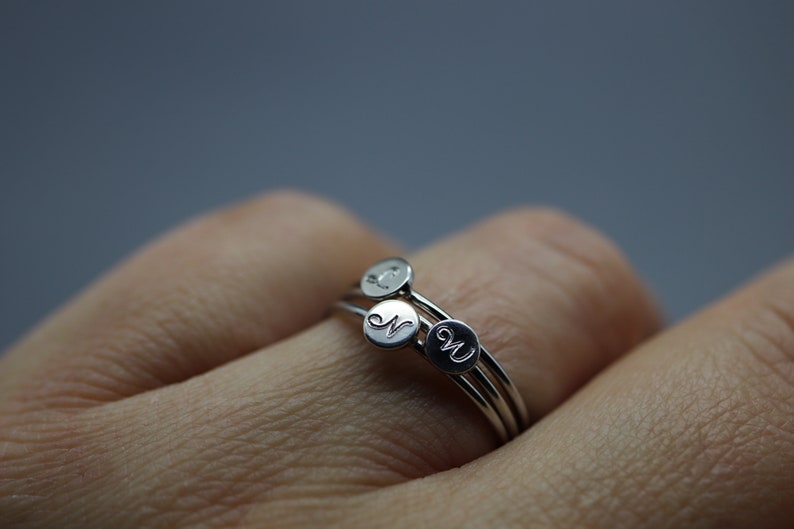 Stacking Initial Ring, Engraved Initial Ring, Stacking Mom Ring, Silver Name Ring Stackable, Name Ring for Mum, Brag Tag, Stackabe Rings Set image 4