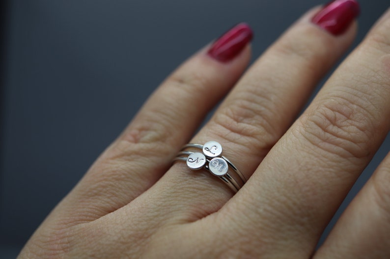 Stacking Initial Ring, Engraved Initial Ring, Stacking Mom Ring, Silver Name Ring Stackable, Name Ring for Mum, Brag Tag, Stackabe Rings Set image 7