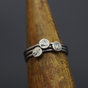 Stacking Initial Ring, Engraved Initial Ring, Stacking Mom Ring, Silver Name Ring Stackable, Name Ring for Mum, Brag Tag, Stackabe Rings Set image 1