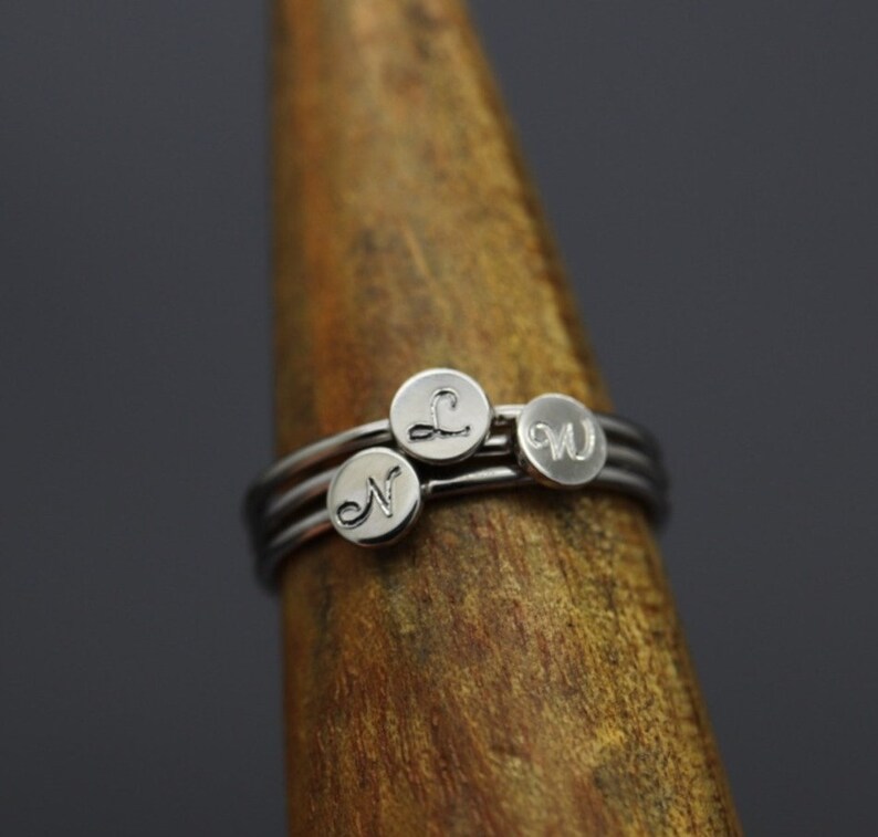 Stacking Initial Ring, Engraved Initial Ring, Stacking Mom Ring, Silver Name Ring Stackable, Name Ring for Mum, Brag Tag, Stackabe Rings Set image 1