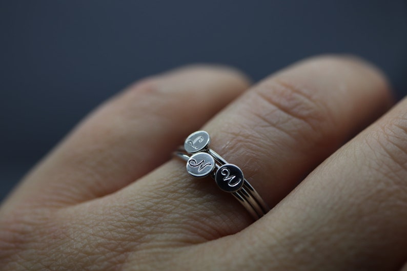 Stacking Initial Ring, Engraved Initial Ring, Stacking Mom Ring, Silver Name Ring Stackable, Name Ring for Mum, Brag Tag, Stackabe Rings Set image 5