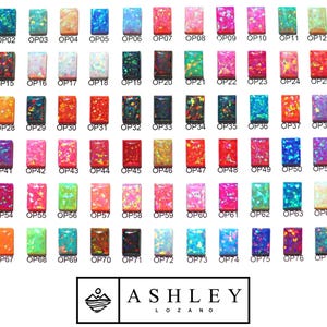 a collection of various colored opal stones, each with a unique color and pattern, arranged in rows and columns. The image is a collage of multiple images, and the text "ASHLEY LOZANO" is visible, indicating the brand or company associated with the collection.