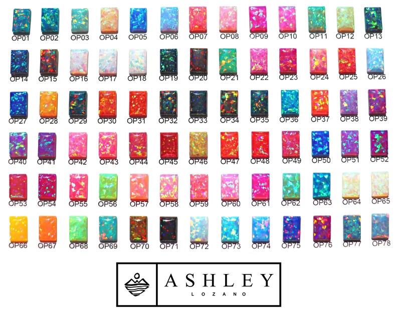 a collection of various colored opal stones, each with a unique color and pattern, arranged in rows and columns. The image is a collage of multiple images, and the text "ASHLEY LOZANO" is visible, indicating the brand or company associated with the collection.