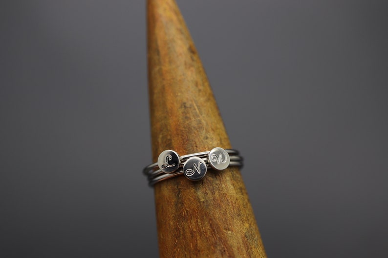 Stacking Initial Ring, Engraved Initial Ring, Stacking Mom Ring, Silver Name Ring Stackable, Name Ring for Mum, Brag Tag, Stackabe Rings Set image 2