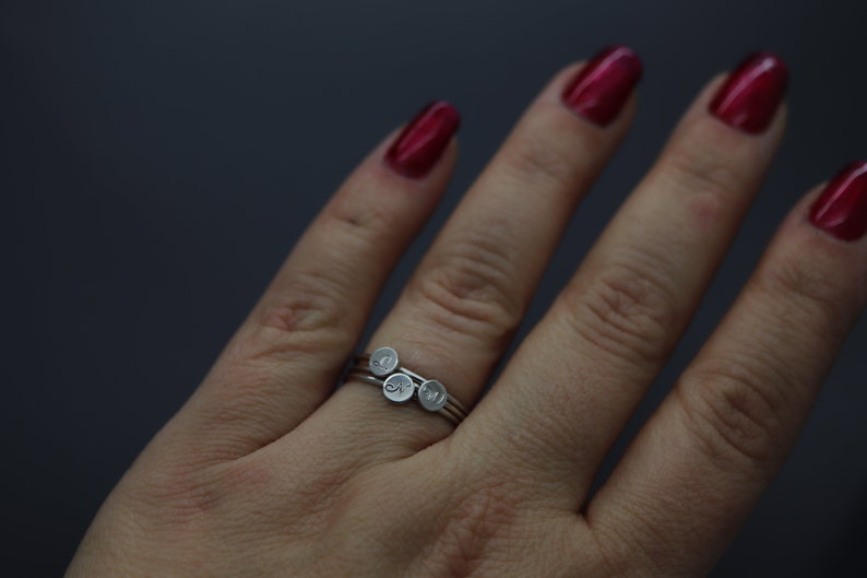 Stacking Initial Ring, Engraved Initial Ring, Stacking Mom Ring, Silver Name Ring Stackable, Name Ring for Mum, Brag Tag, Stackabe Rings Set image 3