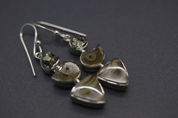 Ammonite Earrings, Ammonite Fossil Jewelry, Mixed Gemstone Jewelry