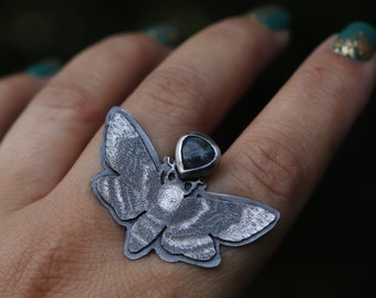 Death Head Moth Ring, Deathhead Moth Jewelry, Gothic Ring Silver, Between the Fingers Ring, Adjustable Rings for Women, Ready to Ship Gifts