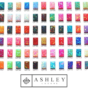 a collection of various colored opal stones, each with a unique color and pattern, arranged in rows and columns. The image is a collage of multiple images, and the text "ASHLEY LOZANO" is visible, indicating the brand or company associated with the collection.