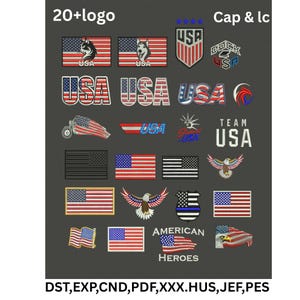 Puede incluir: Una colección de parches y logotipos bordados con motivos patrióticos, incluyendo la bandera de EE. UU. y varios emblemas. La imagen incluye el texto "20+logo", "Cap & lc", "TEAM USA" y "AMERICAN HEROES". Los diseños son en rojo, blanco y azul.
