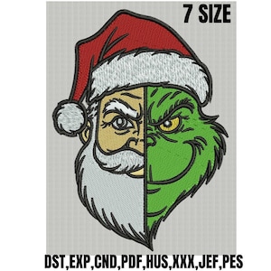 May include: An embroidered design featuring a split face of Santa Claus and the Grinch. Santa's side has a red hat, white beard, and a stern expression. The Grinch's side is green with a mischievous grin. The text "7 SIZE" is at the top.