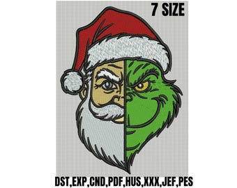 Christmas Santa Grinch Split Face Machine Embroidery Design,,Unique Grinchy Santa Head Digital Download