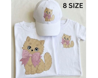 Cute Kitten Embroidery Design, Fluffy Baby Cat with Pink Bow Machine Embroidery Pattern, Kawaii Cat Digital File, Instant Download