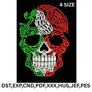 May include: Embroidered skull design in green, white, and red, resembling the Mexican flag, on a black background. The design includes the text "4 SIZE" at the top and file type abbreviations at the bottom.