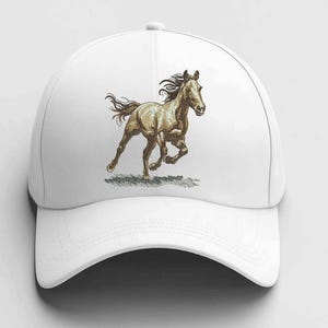 Puede incluir: Gorra de béisbol blanca con un caballo corriendo bordado en tonos marrón y beige. El caballo tiene una melena y cola fluidas, sobre un fondo de hierba verde. Gorra clásica, ajustable.