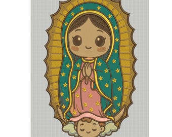 Our Lady of Guadalupe Embroidery Design - Cute Virgin Mary Digital File - Kawaii Religious Embroidery Pattern - Instant Download - 4 Sizes