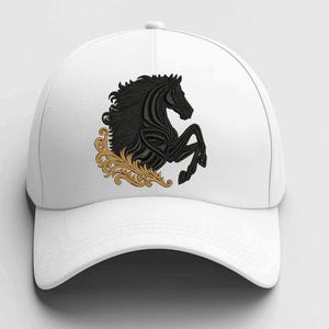 May include: White baseball cap featuring a black horse design. The horse is rearing up, with a detailed mane and body. A gold-colored decorative flourish is beneath the horse, adding a touch of elegance to the cap.
