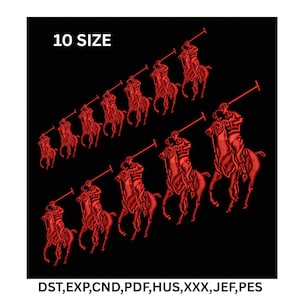 Könnte beinhalten: Rote, gestickte Reiterlogo-Patches auf schwarzem Hintergrund. Die Patches sind in Reihen und Spalten angeordnet. Der Text "10 SIZE" steht oben, und Dateityp-Abkürzungen stehen unten.