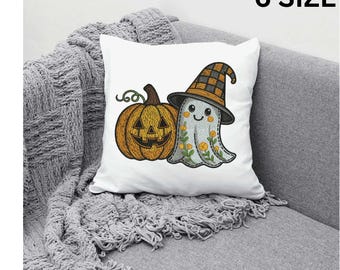 Cute Halloween Ghost with Pumpkin Machine Embroidery Design - Spooky Cute Ghost Embroidery Pattern - Instant Download File