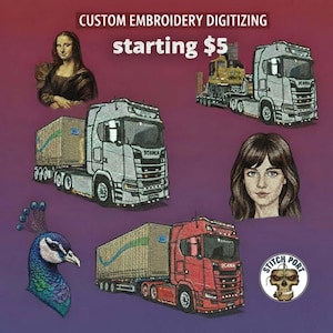 Puede incluir: Anuncio de digitalización de bordado personalizado. La imagen presenta diseños bordados de un camión, un pavo real, un retrato de una mujer y la Mona Lisa. El texto dice "CUSTOM EMBROIDERY DIGITIZING a partir de 5$". También hay un logotipo con una calavera.