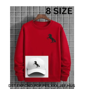 May include: A red sweatshirt with a black horse silhouette on the chest. The image also includes a white baseball cap with the same horse design. The text "8 SIZE" is displayed at the top. The bottom of the image displays the text "DST, EXP, CND, PDF, PES, XXX, JEF, HUS".