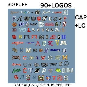 Puede incluir: Una colección de más de 90 logotipos en varios estilos y colores, con texto como "3D/PUFF" y "90+ LOGOS". Los logotipos se muestran sobre un fondo azul claro, con el texto "CAP + LC" en la esquina superior derecha.