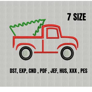 May include: An embroidered design of a red pickup truck carrying a green Christmas tree. The text "7 SIZE" is above the truck, and below it are file format abbreviations: DST, EXP, CND, PDF, JEF, HUS, XXX, PES.