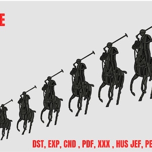 Puede incluir: Imagen que muestra siete figuras bordadas en negro de un jugador de polo a caballo, de tamaño creciente. El texto "7 SIZE" está en la parte superior, con abreviaturas de tipo de archivo en la parte inferior.