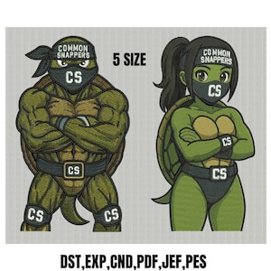 May include: Embroidered cartoon turtle characters, one male and one female, in a fighting pose. The characters are green with black masks and belts. The text "COMMON SNAPPERS" and "CS" are visible. The image also includes the text "5 SIZE".