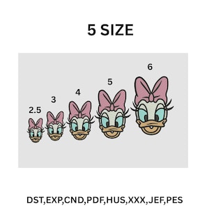 May include: An illustration of Daisy Duck's face in five different sizes, ranging from 2.5 to 6. Each Daisy Duck has a pink bow, a yellow beak, and blue eyes. The text "5 SIZE" is at the top, and file formats are listed at the bottom.