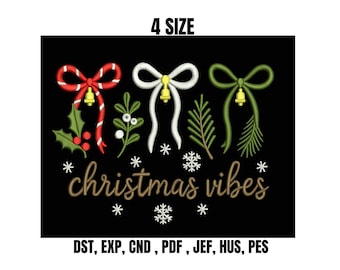 Christmas Vibes Embroidery Design, Bows, Berries (PDF)