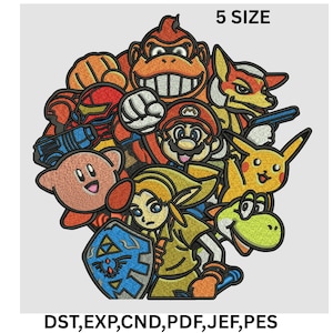May include: Embroidered patch featuring a collage of colorful video game characters, including Mario, Donkey Kong, and Pikachu. The text "5 SIZE" is at the top, and "DST, EXP, CND, PDF, JEF, PES" is at the bottom.