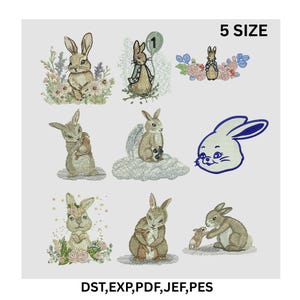 May include: A collection of nine embroidered bunny designs in various poses, surrounded by flowers or clouds. The designs include a bunny with a balloon, a bunny with a baby, and a bunny face. The text "5 SIZE" and "DST, EXP, PDF, JEF, PES" are also present.