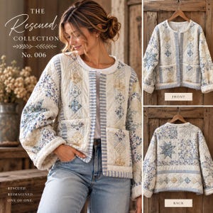 May include: A quilted jacket featuring a patchwork design of cream, blue, and yellow floral and geometric patterns. The garment has a round neckline, long sleeves, two front pockets, and blue and white striped trim along the edges and placket.