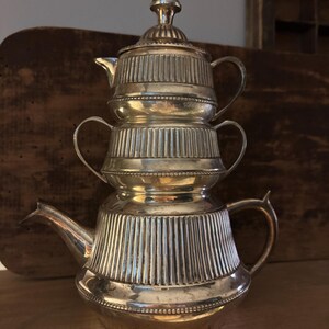 Vintage Silver Stacking Tea Set- Cabinet Space Saver Tea for One 4-piece set